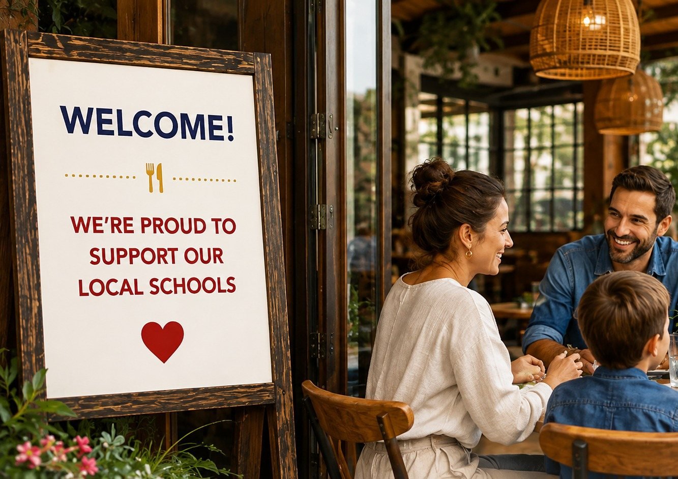 A family having dinner in a neighborhood restaurant, beside a sign reading &ldquo;Welcome! We&rsquo;re proud to support our local schools.&rdquo;