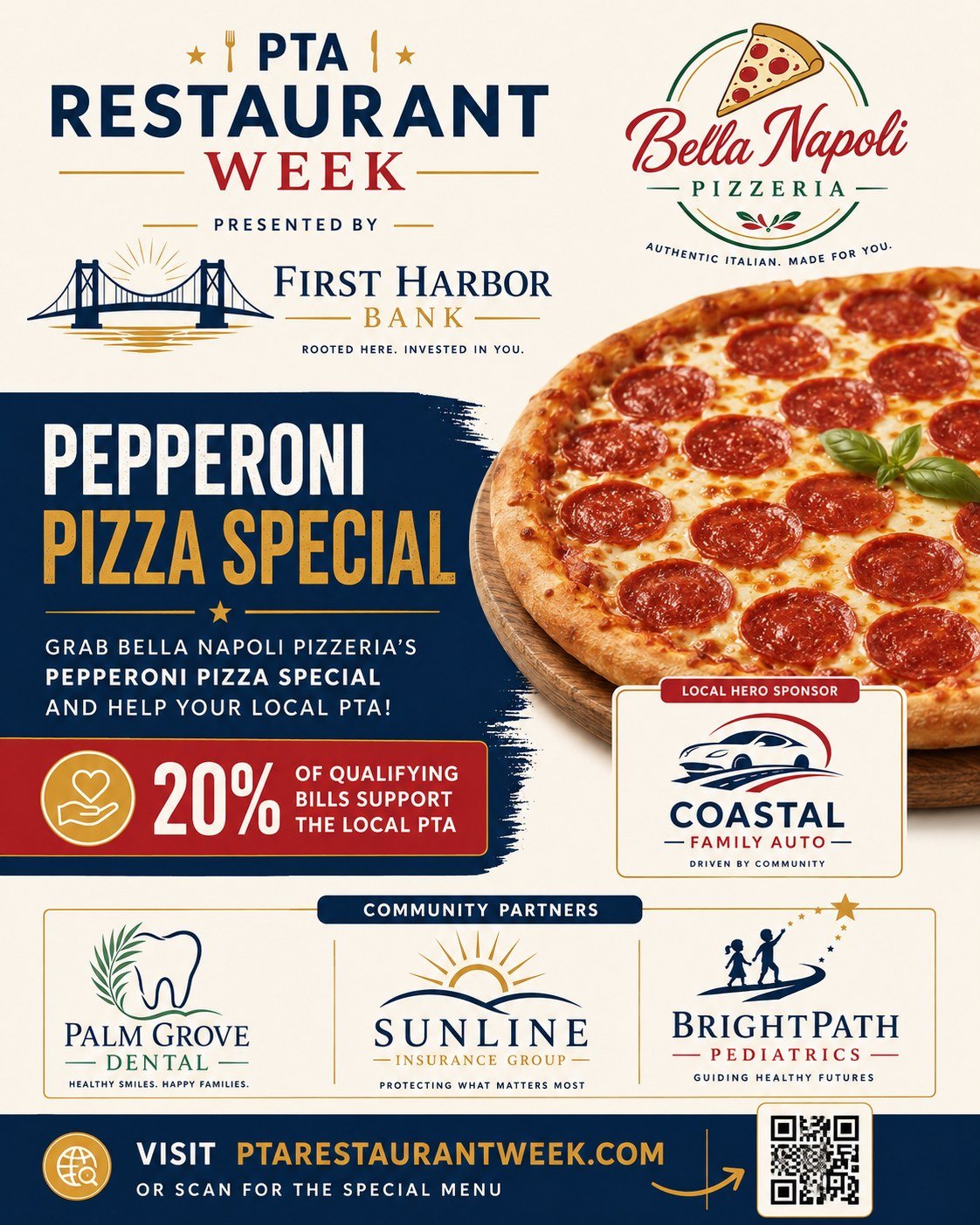 Sample restaurant flyer showing the full sponsor lineup: a Presenting Sponsor at top, a Local Hero Sponsor badge, and three Community Partner logos in the footer