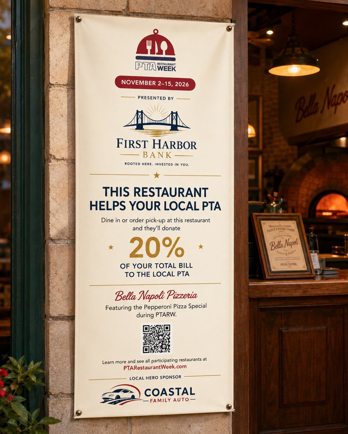Sponsor logos on a restaurant entrance banner