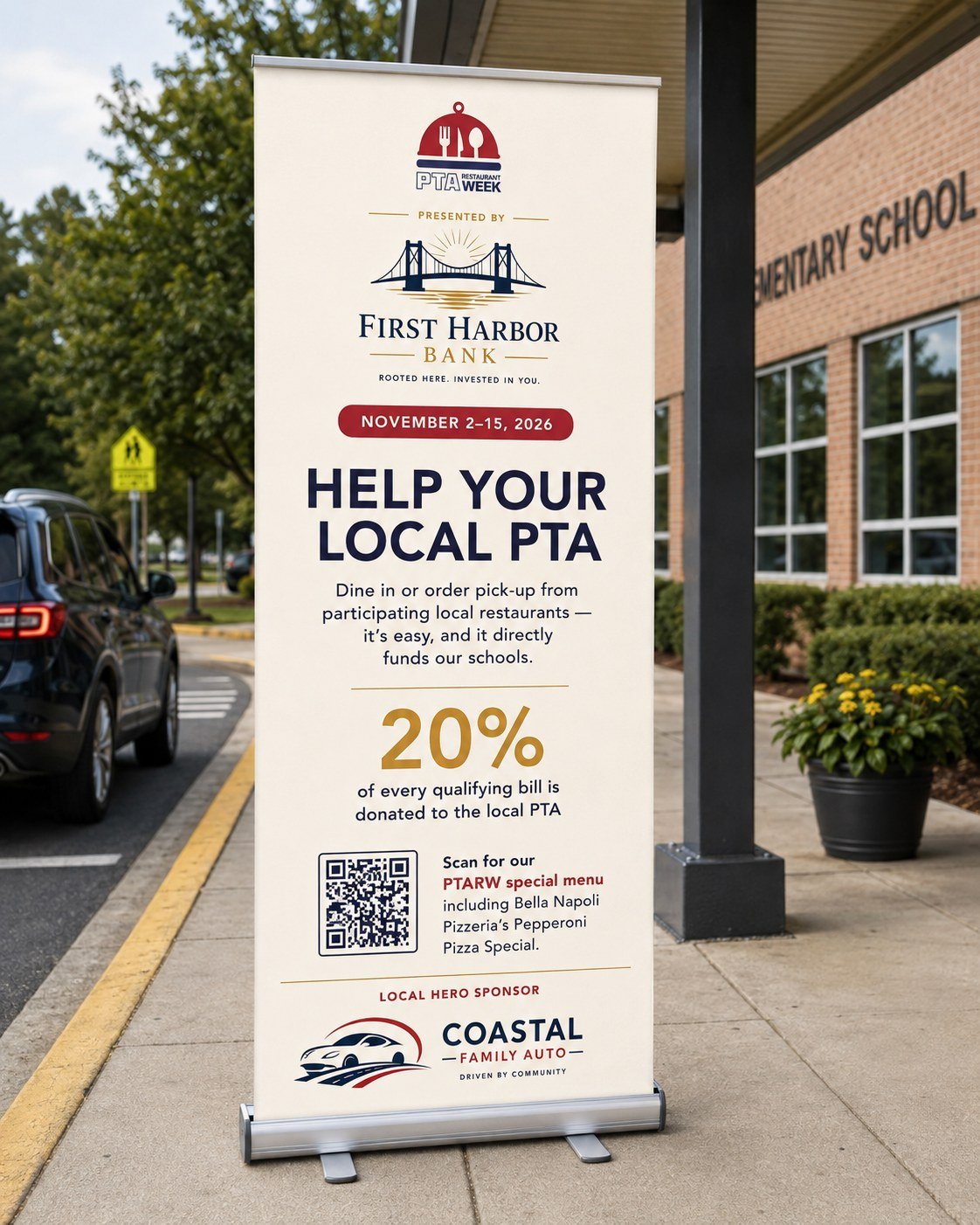 Sponsor logos on a school car-line banner stand