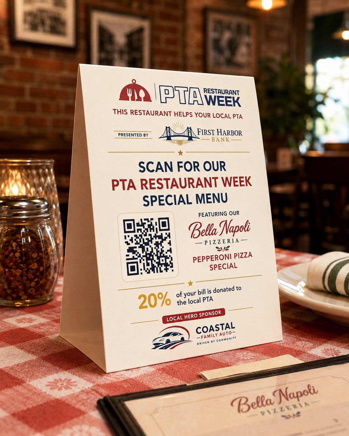 Sponsor logos on a table tent card with QR code
