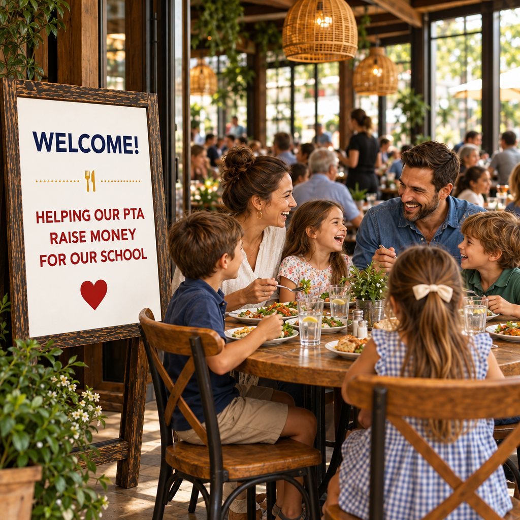 A family eating at a restaurant next to a sign that reads Helping our PTA raise money for our school