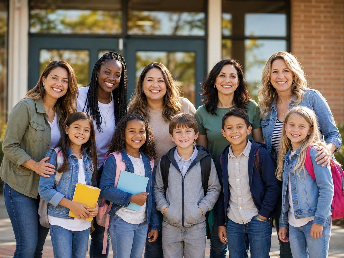 Parents and students together in front of their school