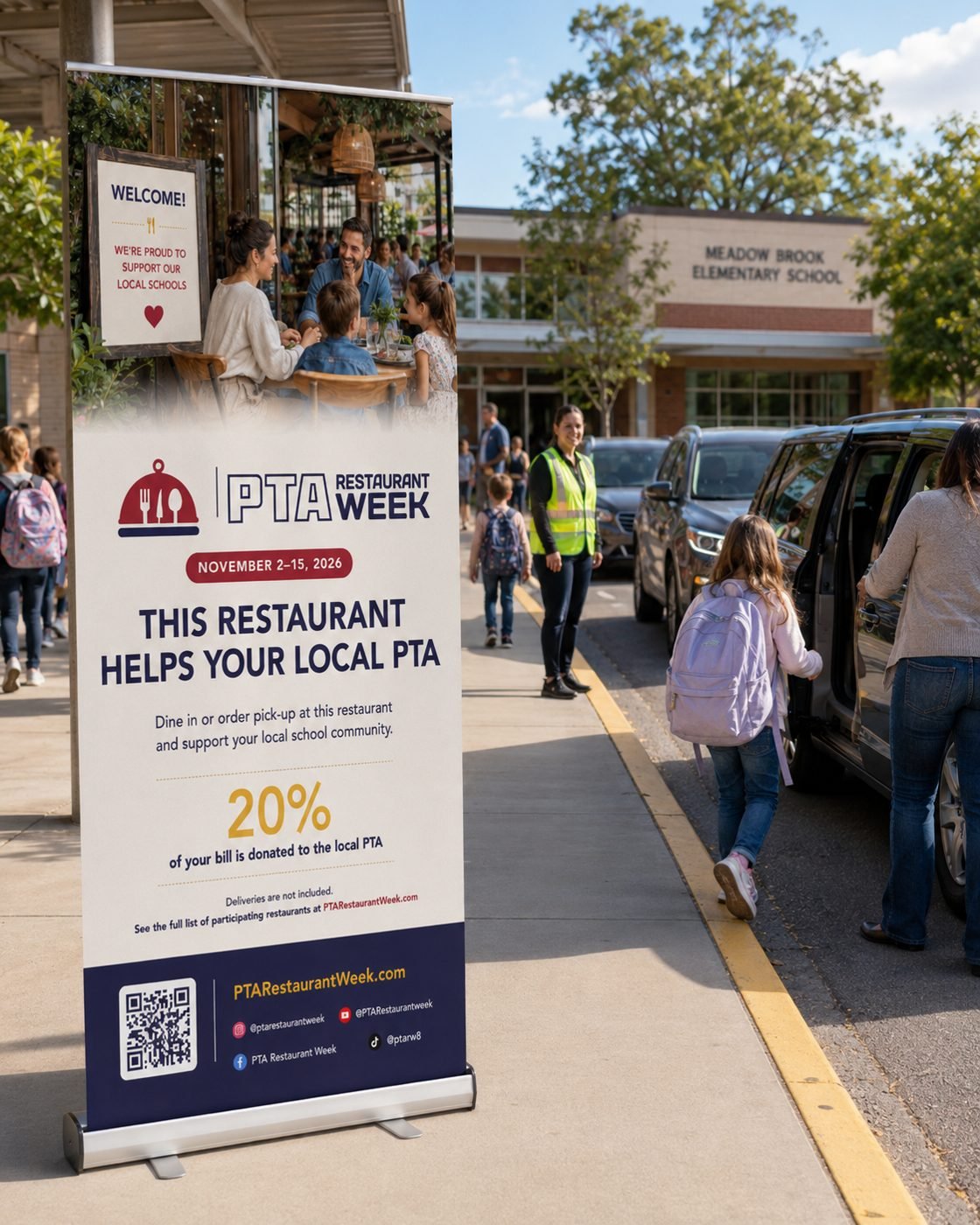 PTA Restaurant Week banner outside a restaurant near a school at pick-up time