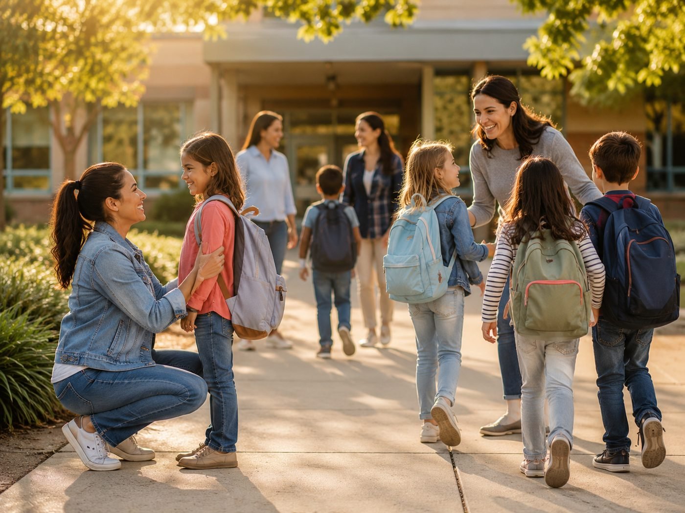 Parents greeting their children outside school at the end of the day
