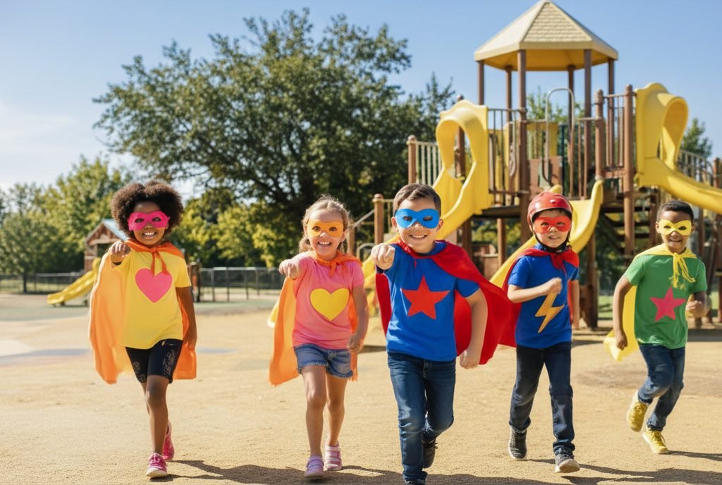 Kids in superhero capes and masks running across a school playground
