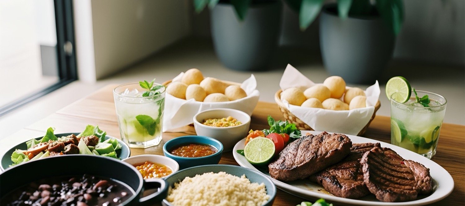 A Brazilian spread on a wooden table: grilled steak, pão de queijo, rice, black beans, salad and limeade